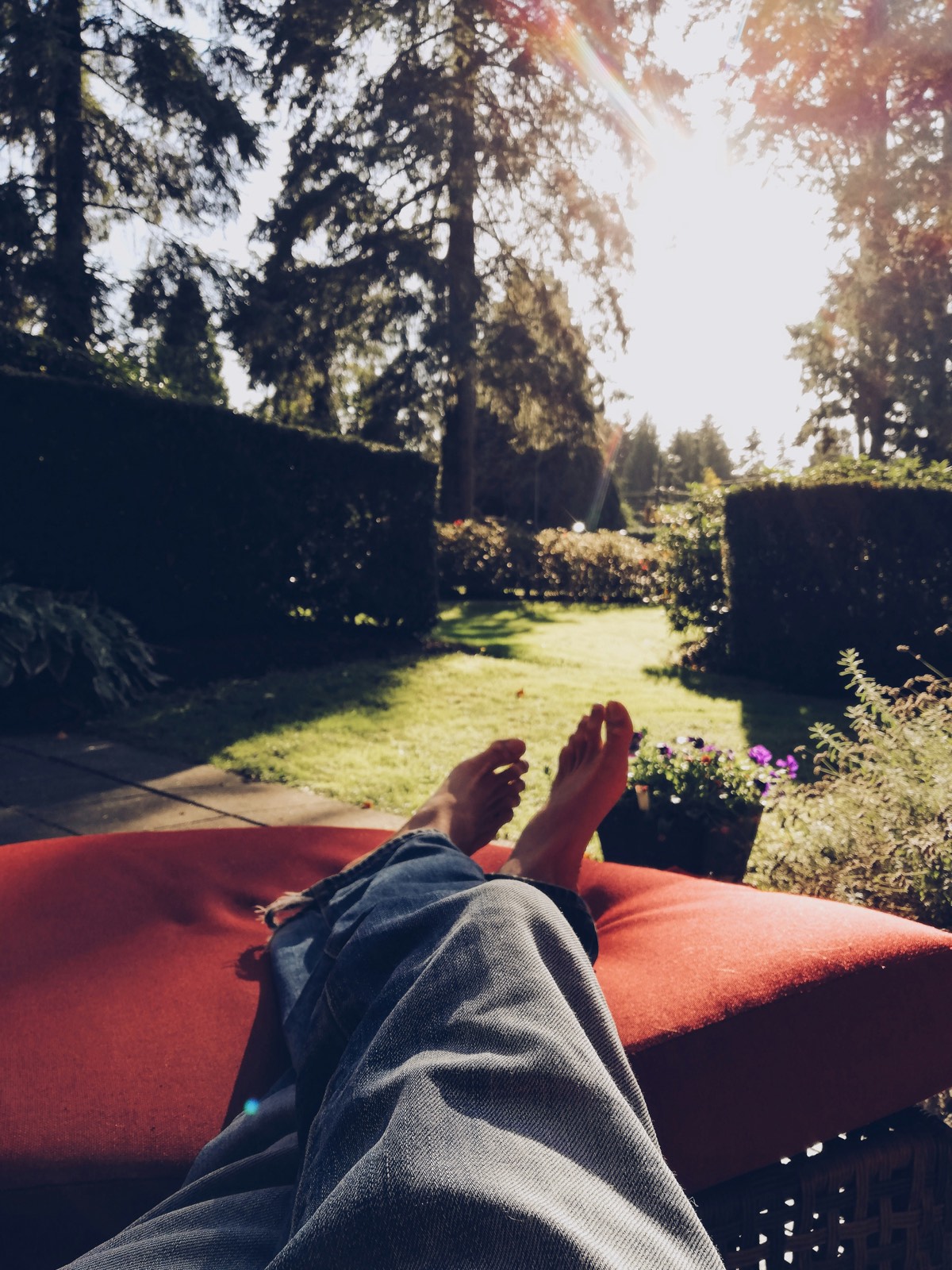 Bare feet on a red lounge in a garden