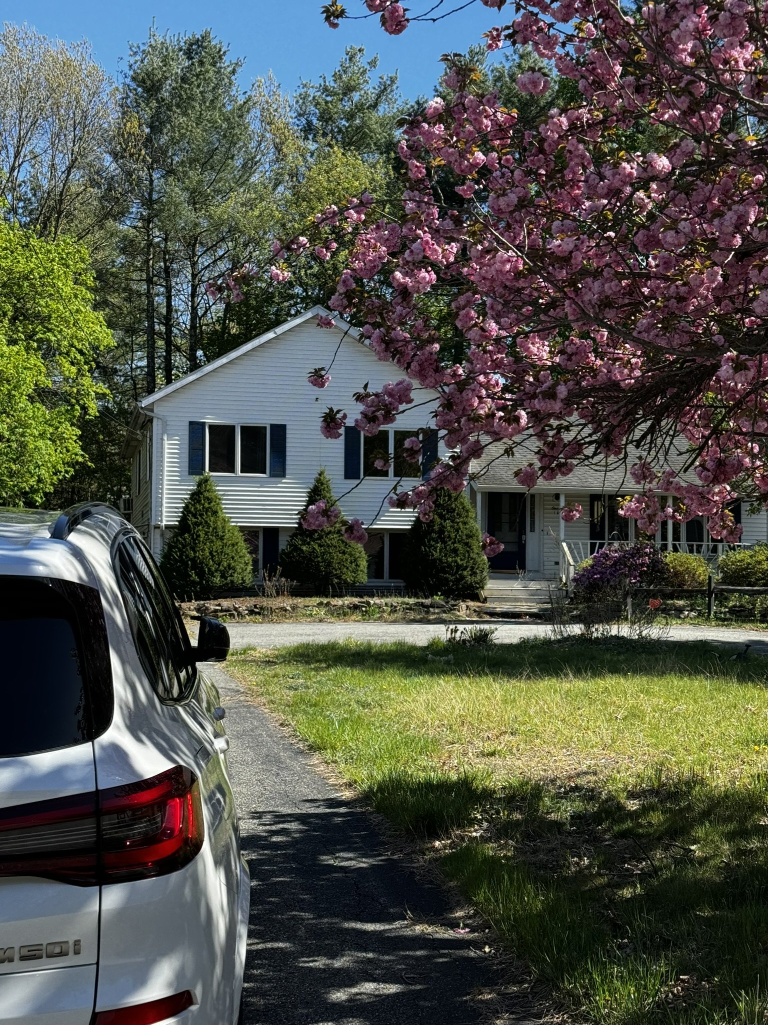 The original house in spring, seen from the drive
