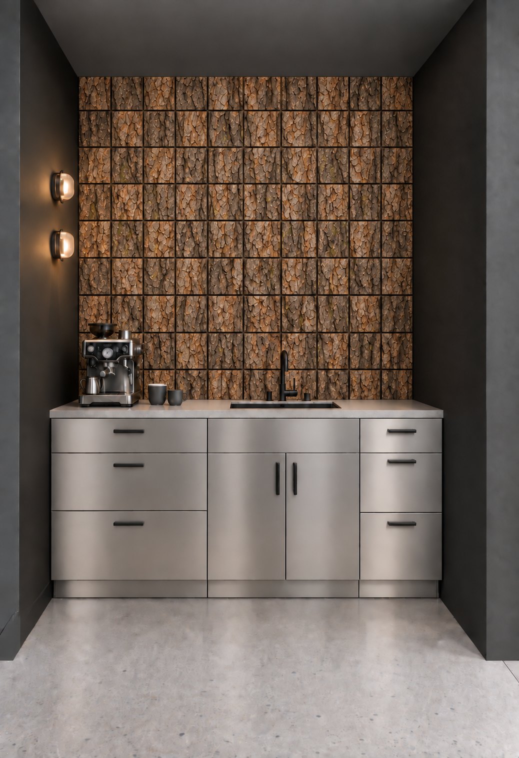 Coffee station with a bark-tile backsplash