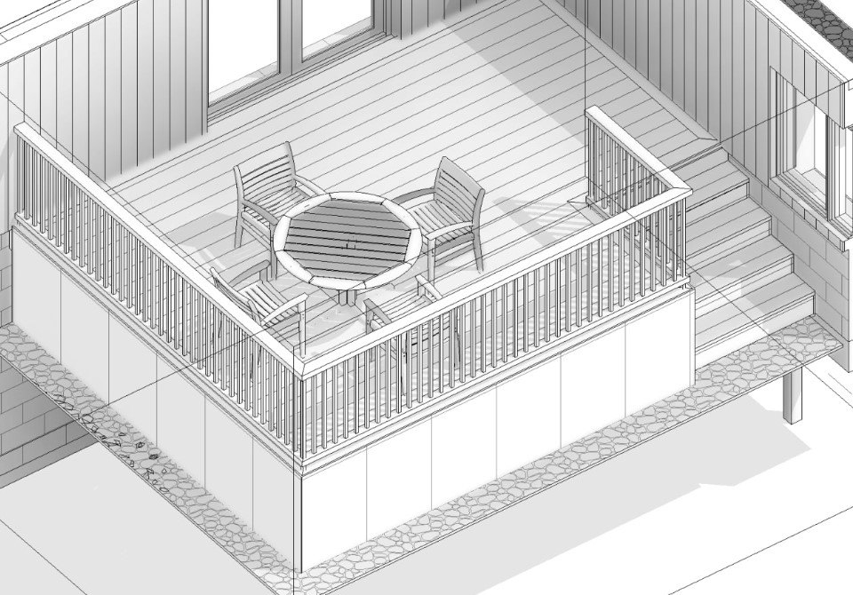 Drawing of the deck with a round table and stairs