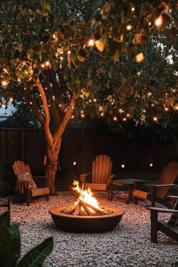 Fire pit at night under a tree with string lights