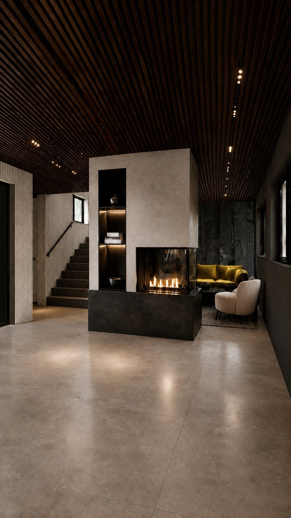 Fireplace lounge with a yellow sofa