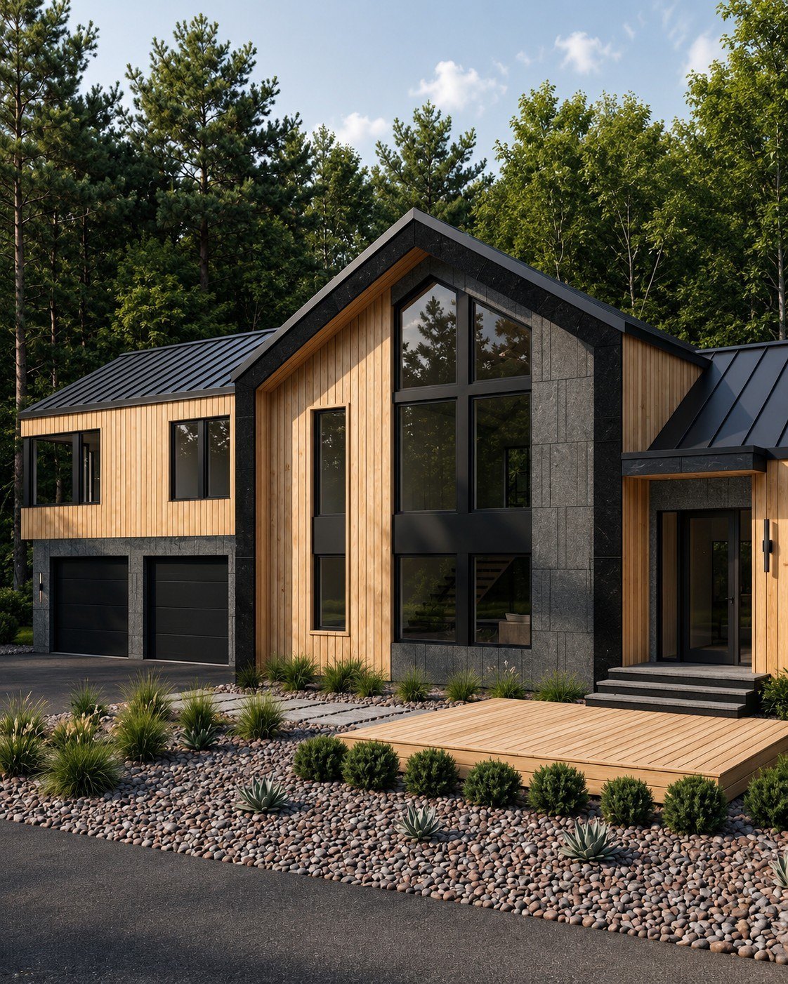 Front rendering of 1A Meadowvale Road, pine siding and black metal roof