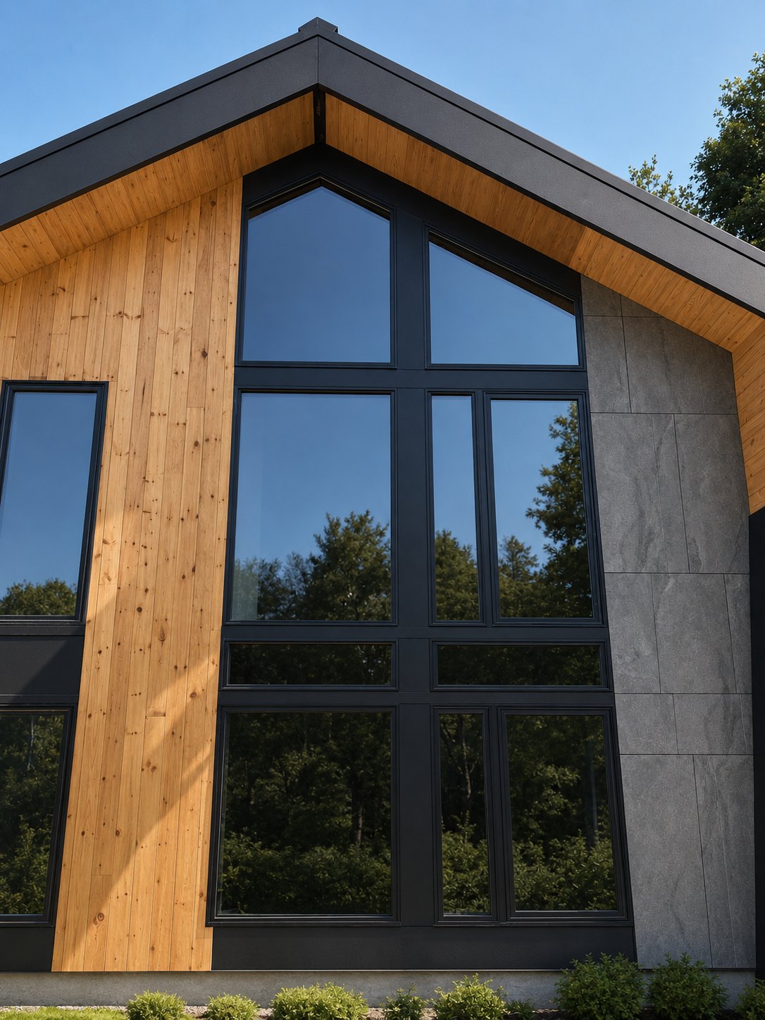 Tall gable window in pine, black metal, and stone