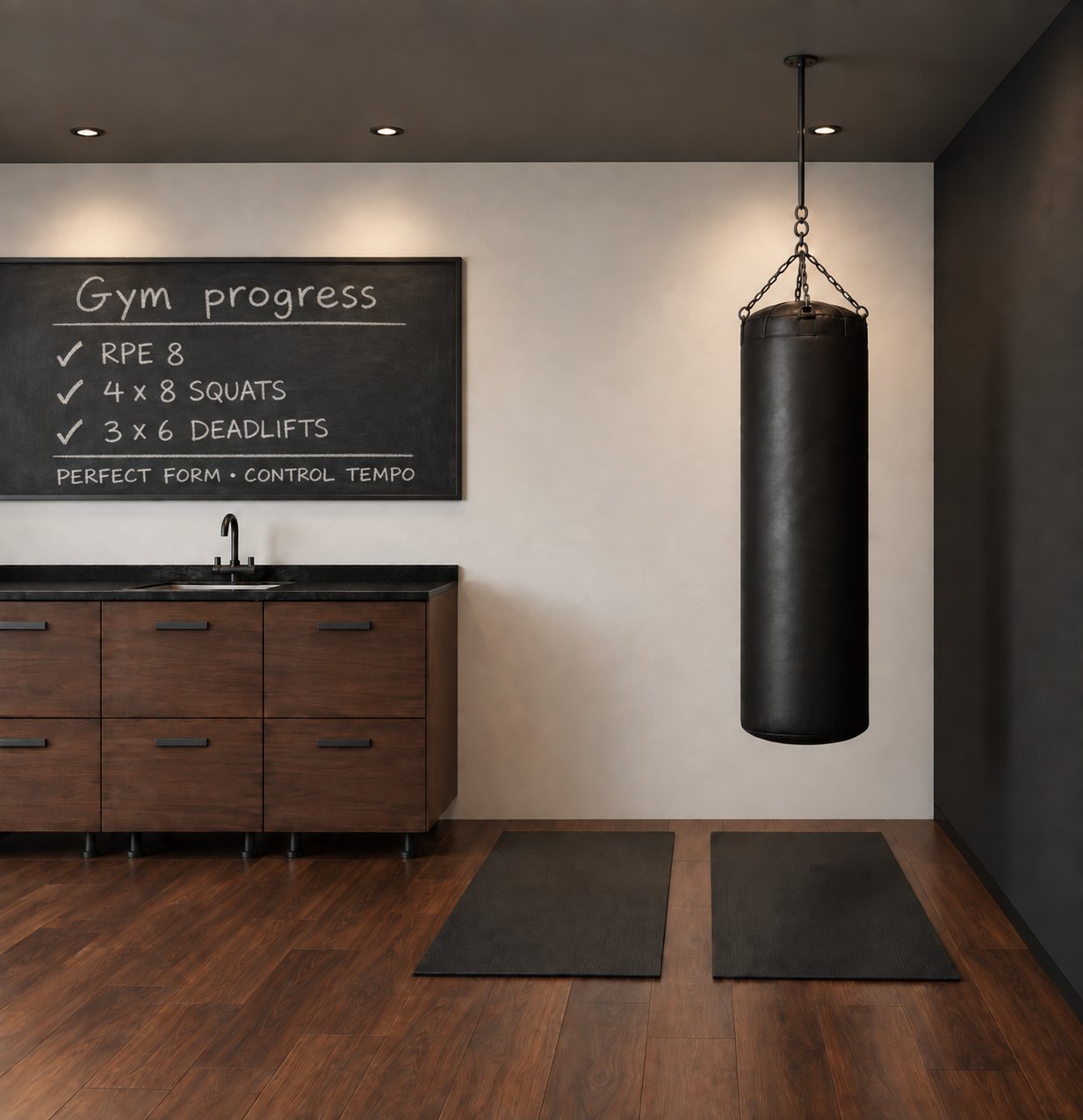 Basement gym with a heavy bag and mats
