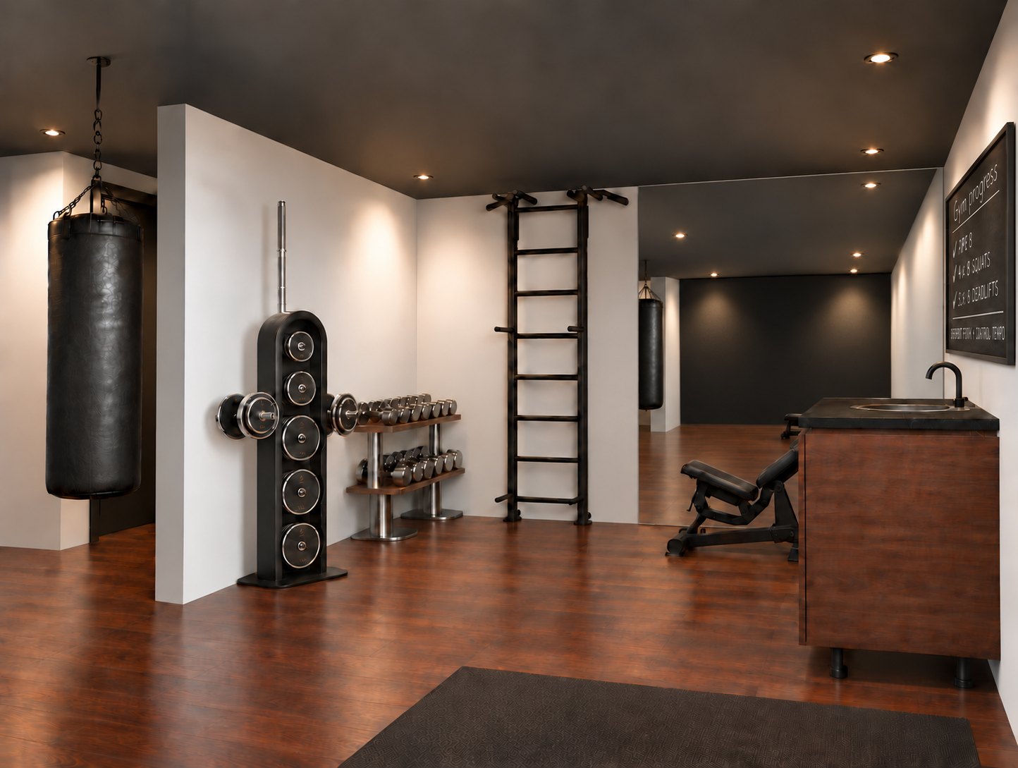 Basement gym with weights, a stall bar, and a heavy bag