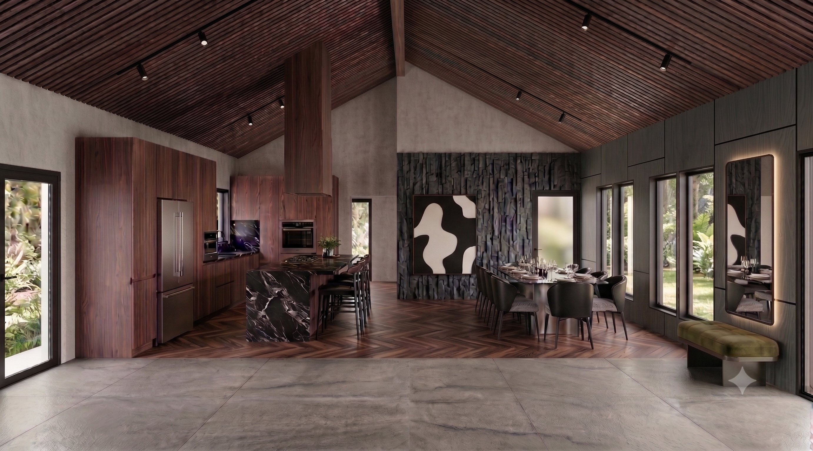 Cathedral kitchen and dining room under a wood ceiling