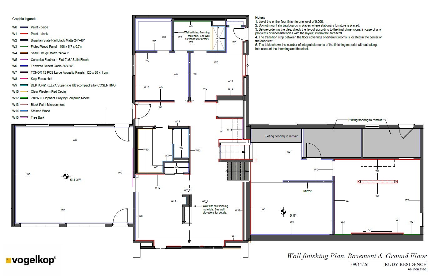 Wall finishing plan, basement and ground floor
