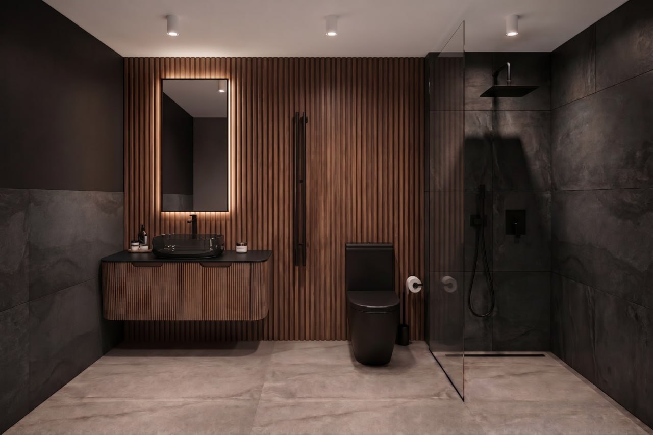 Primary bathroom with wood slats, a dark stone shower, and a vessel sink