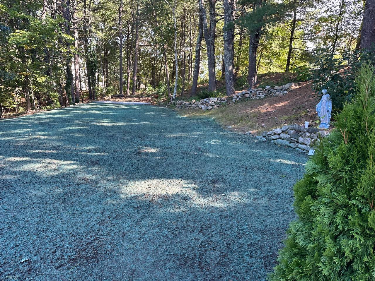 New lawn running back toward the woods and a stone wall