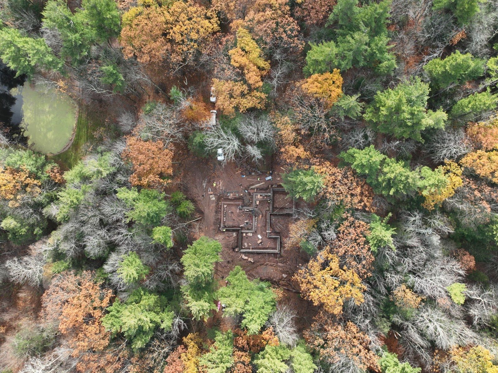 Aerial of the foundation in autumn woods