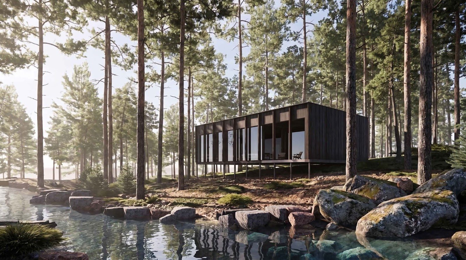 Small dark cabin on stilts beside a creek in the pines