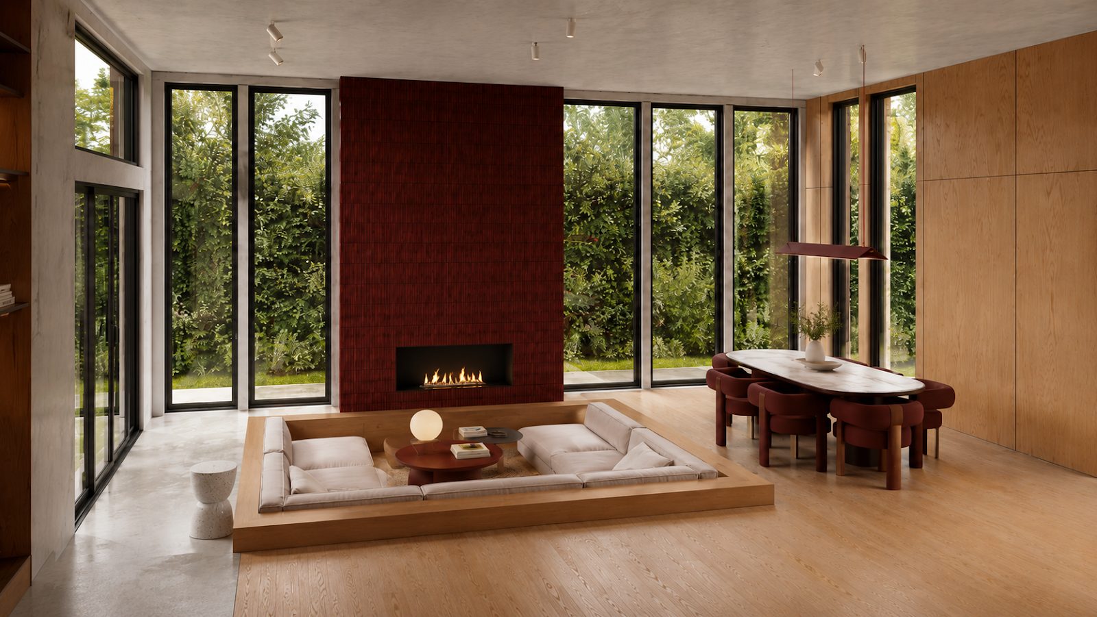 Living room render with a sunken lounge and fireplace
