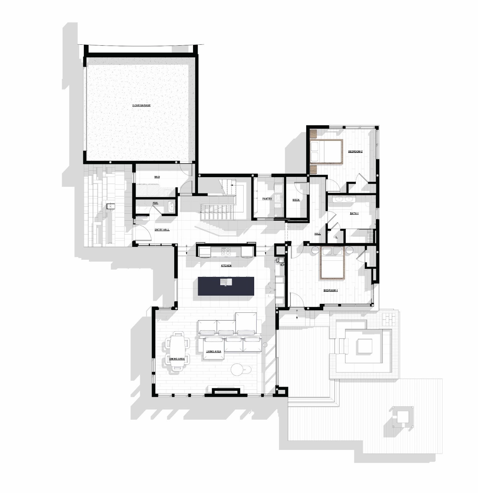 Main level plan with garage, kitchen, and living room