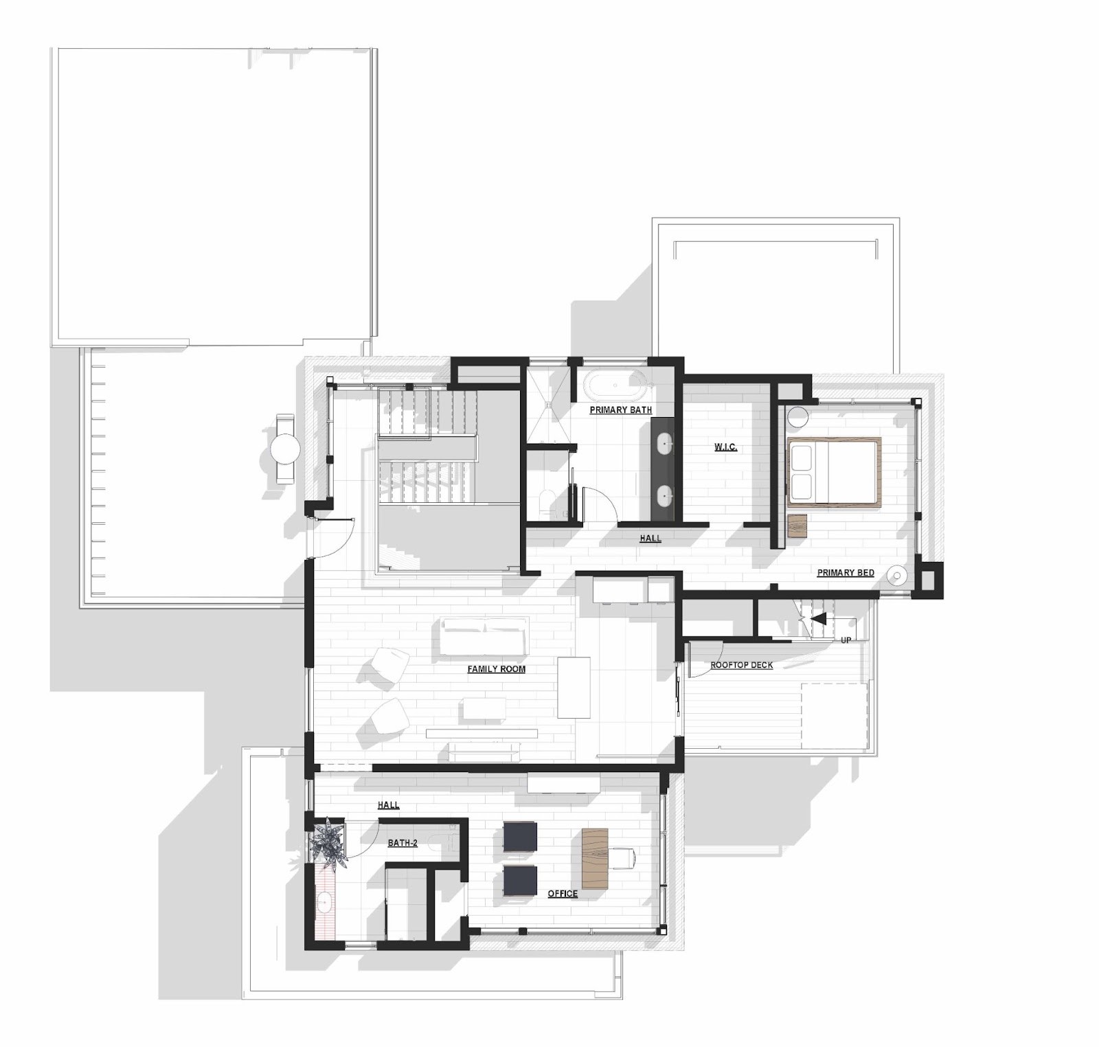 Upper level plan with primary bedroom and roof deck