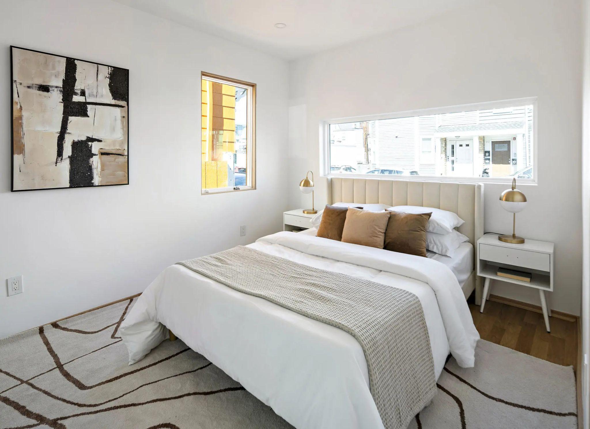 Bedroom with a street-facing clerestory window