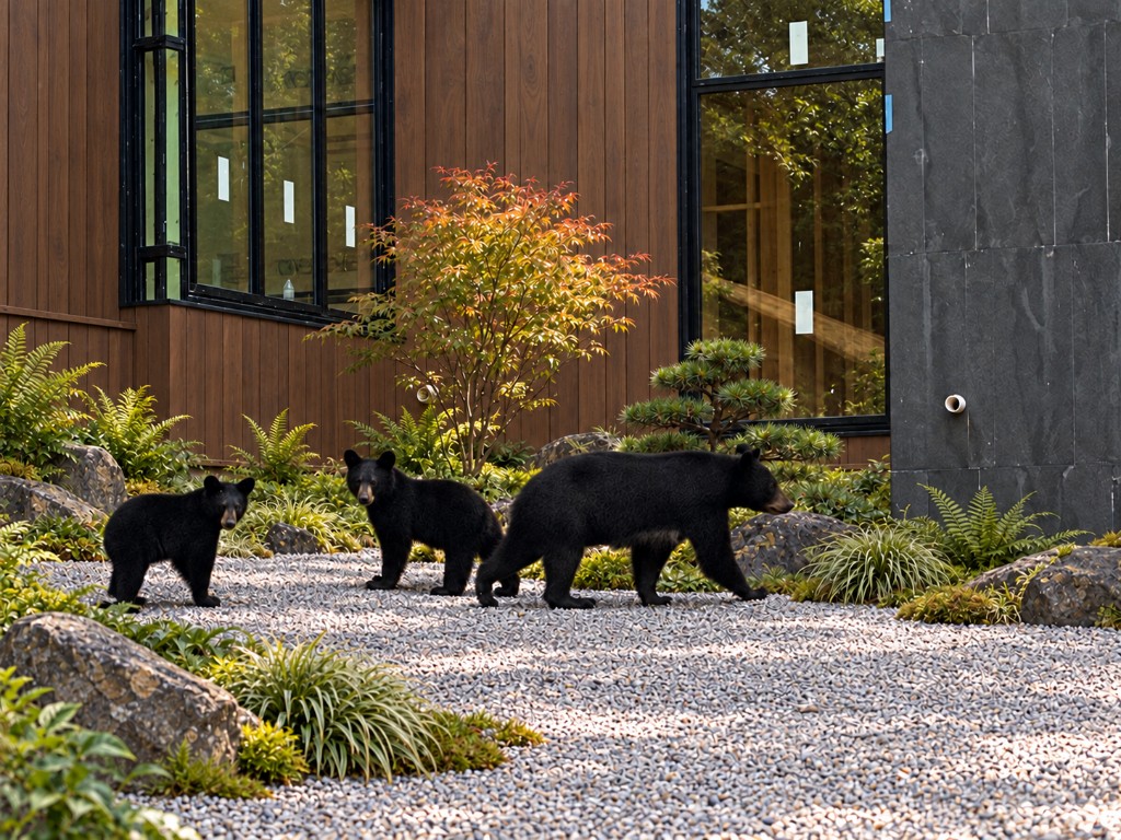 Black bears crossing the garden