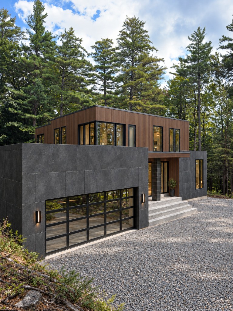 Garage and entry at the end of the driveway